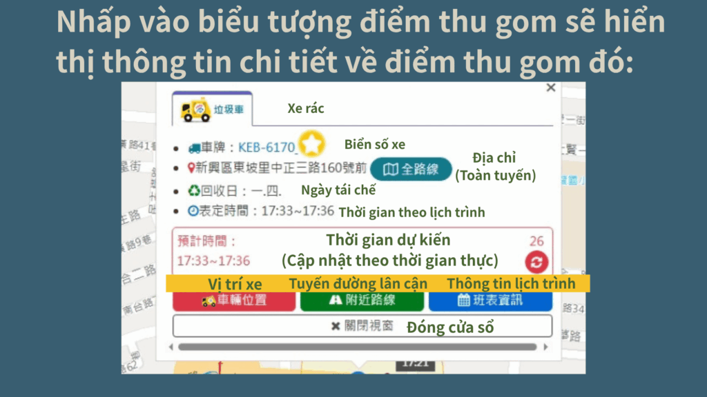 Nhấp vào biểu tượng điểm thu gom sẽ hiển thị thông tin chi tiết về điểm thu gom đó