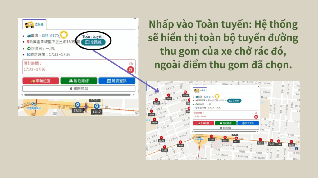 Hệ thống sẽ hiển thị toàn bộ tuyến đường thu gom của xe chở rác đó